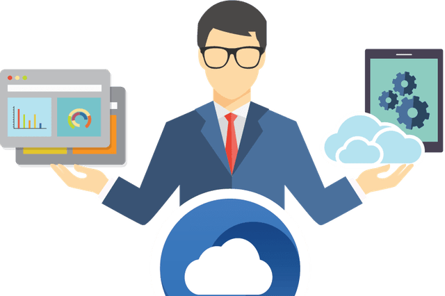 تصویری گرافیکی از یک مرد با عینک و کت و شلوار و کراوات که بالای یک ابر و در یک دستش ابر و پنلی از چرخ دنده‌ها و در دست دیگرش پنل‌هایی که نمودار‌ها و آمار‌ها و گزارش‌هایی است.