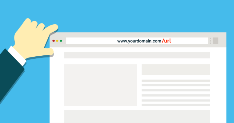 تصویری گرافیکی از یک صفحه اینترنت و یک دست که به سمت بالا سمت چپ به سمت قسمت کنترول مرورگر اشاره میکند. در قسمت وارد کردن URL نوشته شده www.yourdomain.com/ URL و کلمه یوار‌ال را بزرگتر و قرمز نوشته است.