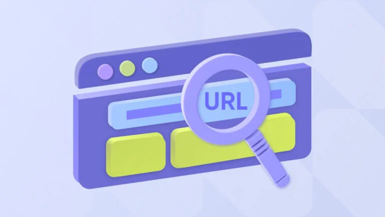 تصویری گرافیکی از یک صفحه نمایش و صفحه ای از سایت که یک زره‌بین کلمه URL را در قسمت URL سایت بزرگ نمایی کرده.